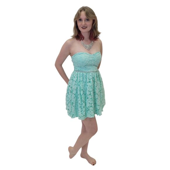Strapless Turquoise Lace Cocktail Short Dress - Picture 1 of 5